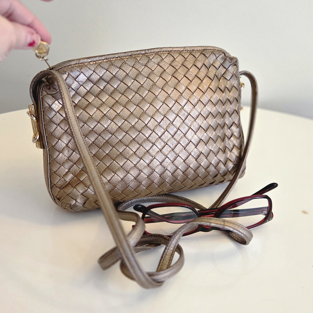 1980s Woven Vegan Leather Metallic Shoulder Bag